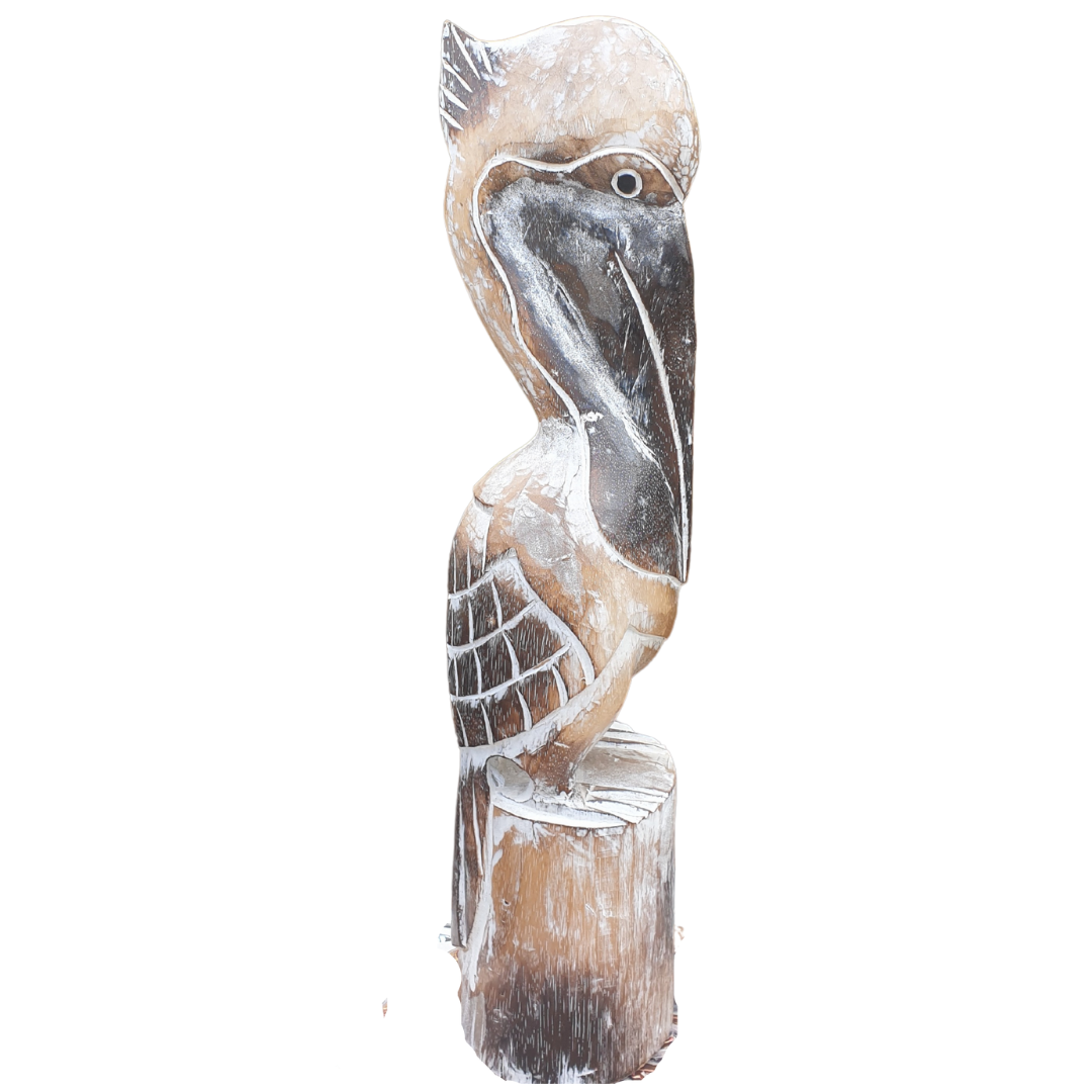 Pelican Statue Wooden Carving with a touch of tropical elegance, each handcrafted individually. Three Sizes available 100cm 80cm 60cm.