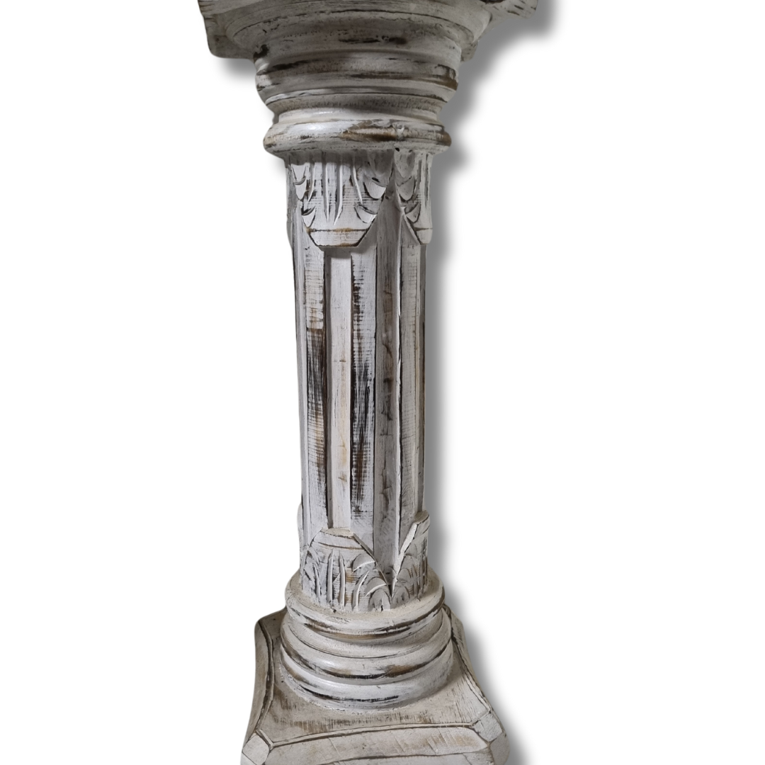 Wooden Hand Carved Pillar Whitewash