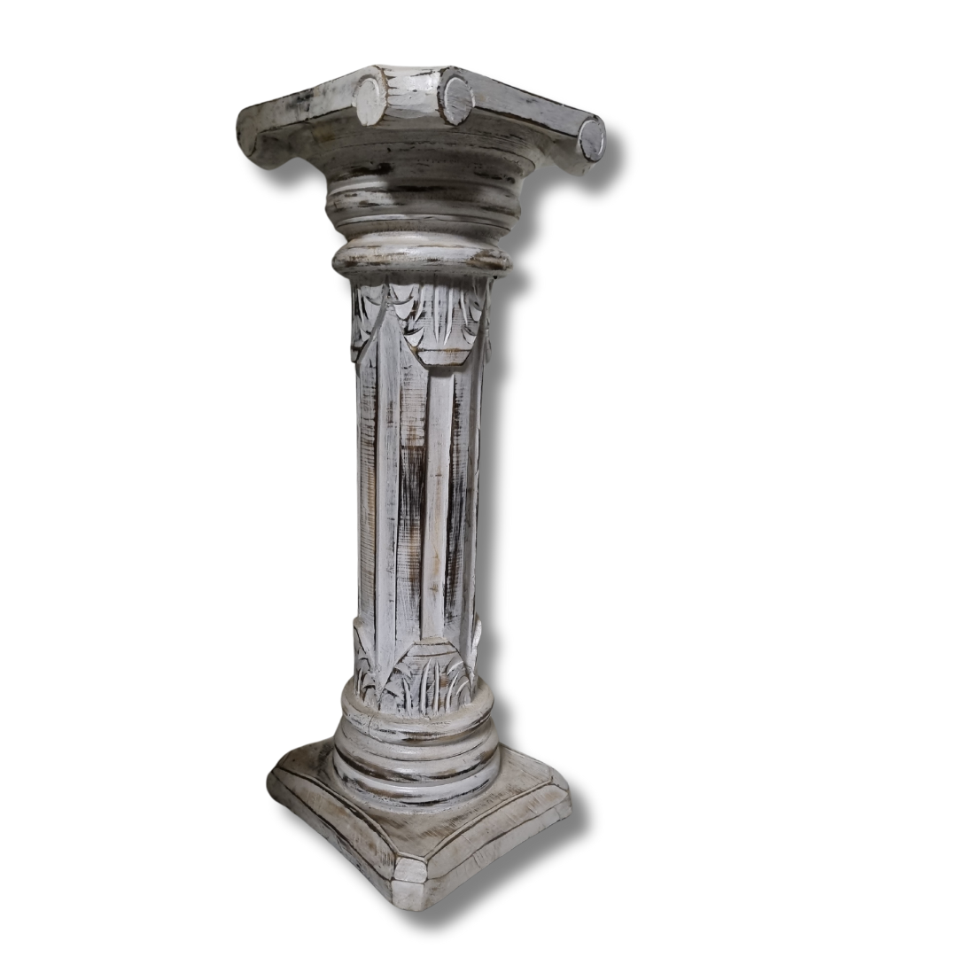 Wooden Hand Carved Pillar Whitewash