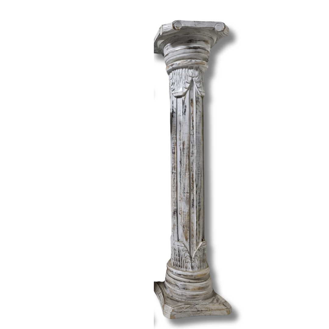 Wooden Hand Carved Pillar Whitewash