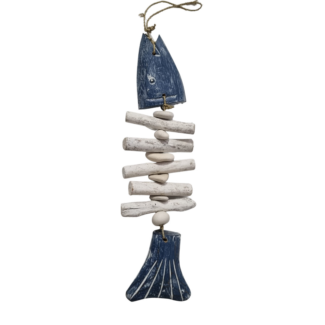 Nautical Wooden Driftwood Fish Bone Hanging  Blue