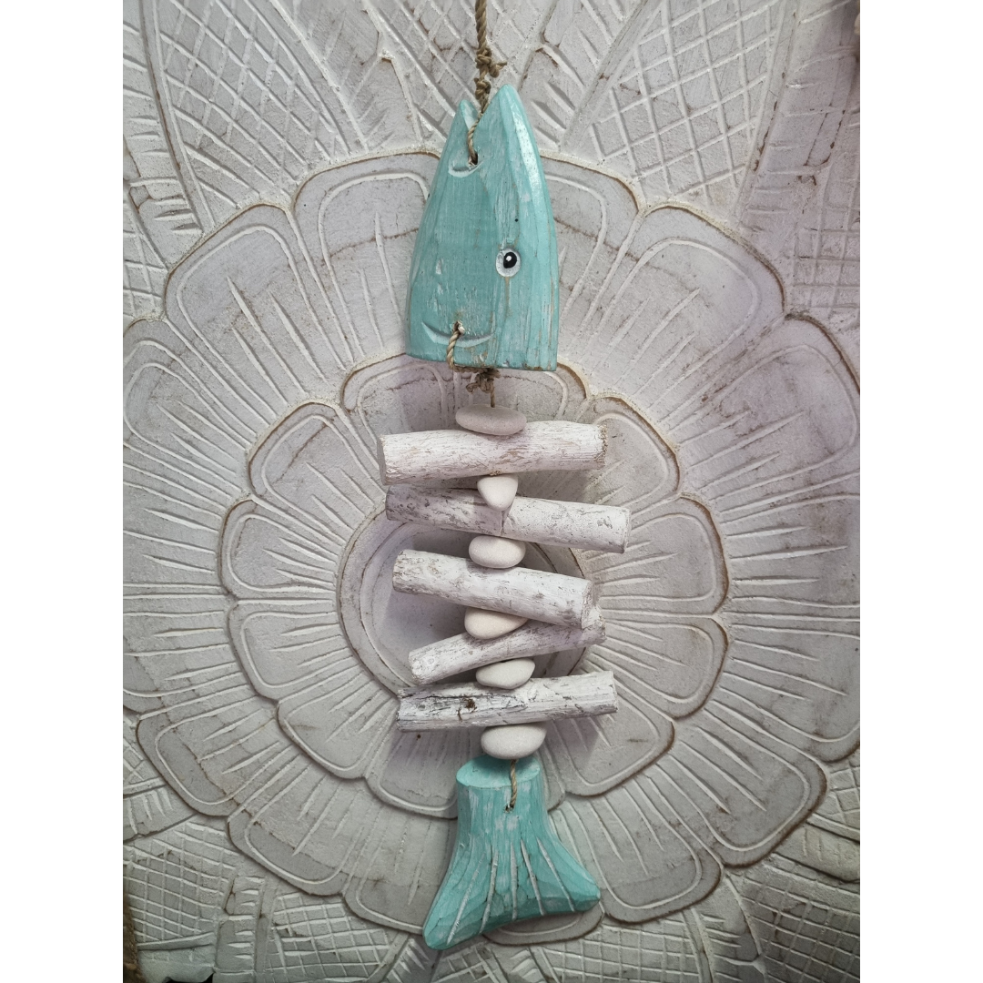 Nautical Wooden Driftwood Fish Bone Hanging Turquoise