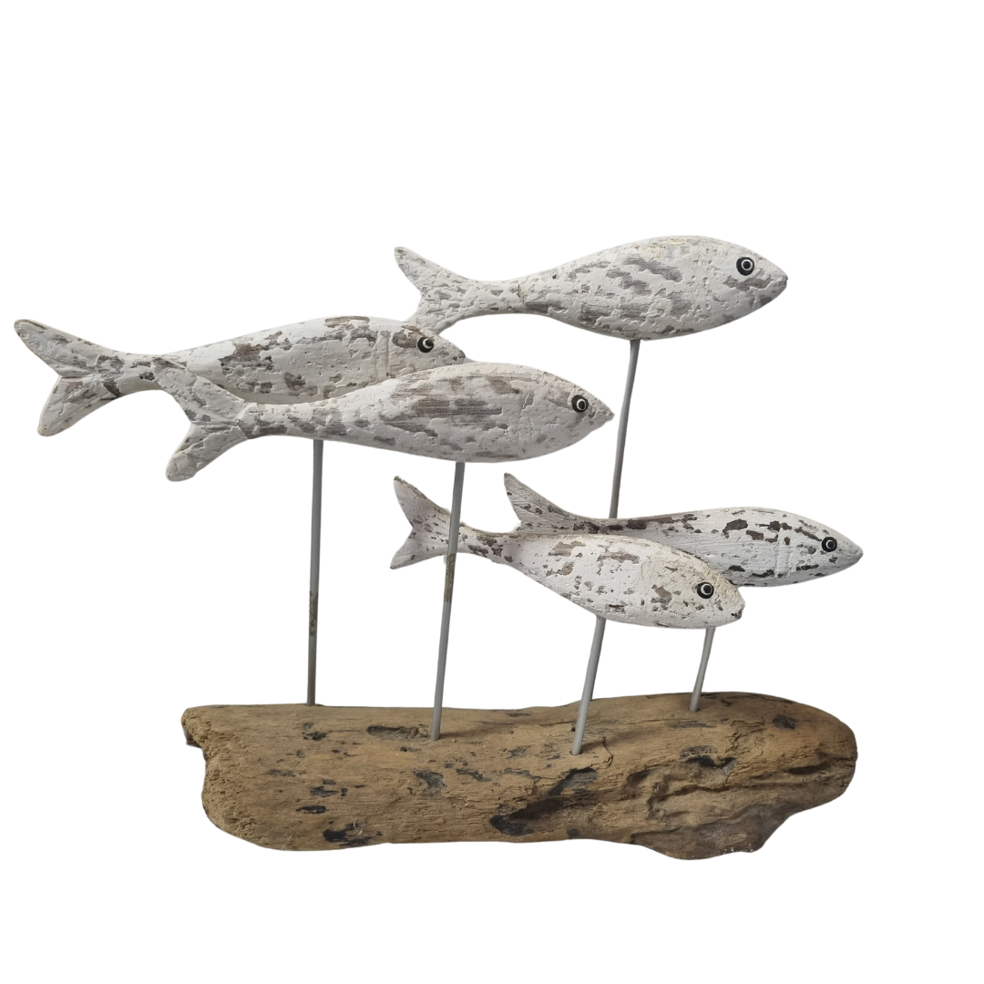 School Of Fish on Drift Wood Rustic White