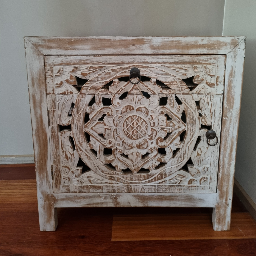 antique white  french provincial handcarved cabinet 