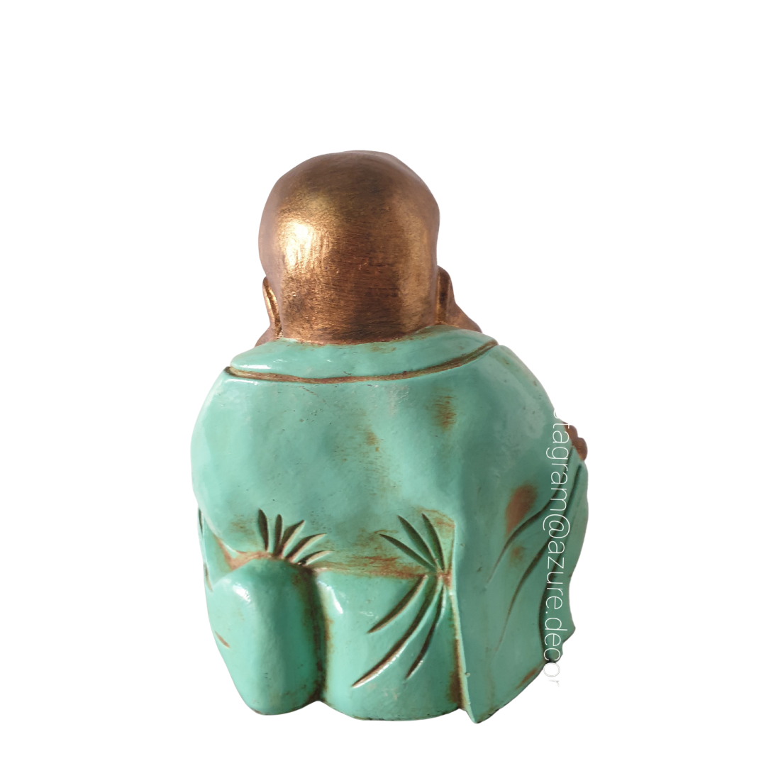 Happy Buddha Sculpture Statue Bacl view Aqua