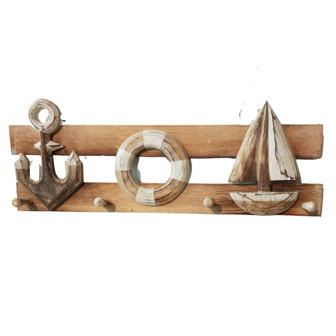 Nautical Sail Ship Anchor & Buoy Hanger: A Coastal-Themed Delight. Available in four colours. Made of wood using rustic tones. 