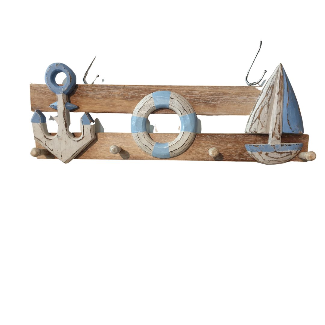 Nautical Sail Ship Anchor & Buoy Hanger: A Coastal-Themed Delight. Available in four colours. Made of wood using rustic tones. 