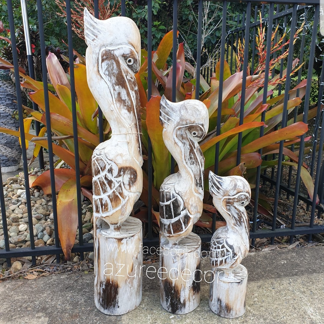 Pelican Statue Wooden Carving with a touch of tropical elegance, each handcrafted individually. Three Sizes available 100cm 80cm 60cm.