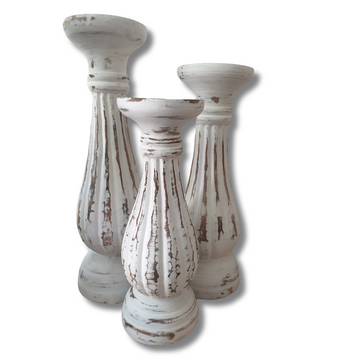 Slender White Wash Wooden Candle Holders