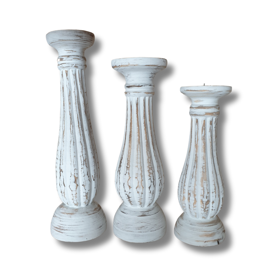 Slender White Wash Wooden Candle Holders