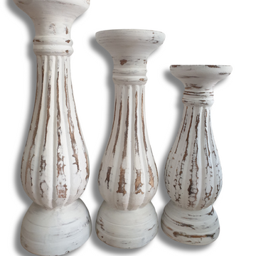 Slender White Wash Wooden Candle Holders