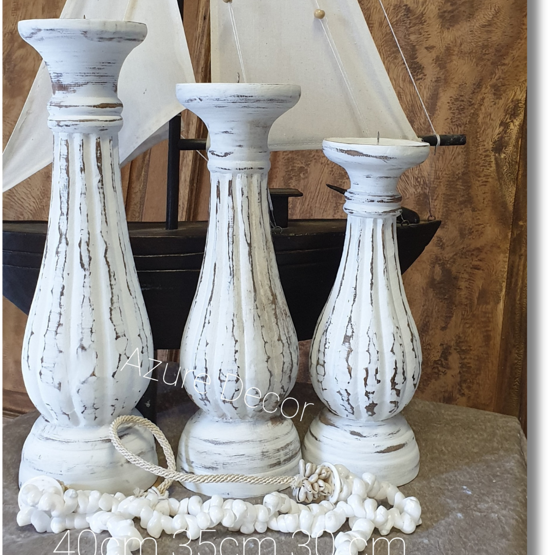 Slender White Wash Wooden Candle Holders