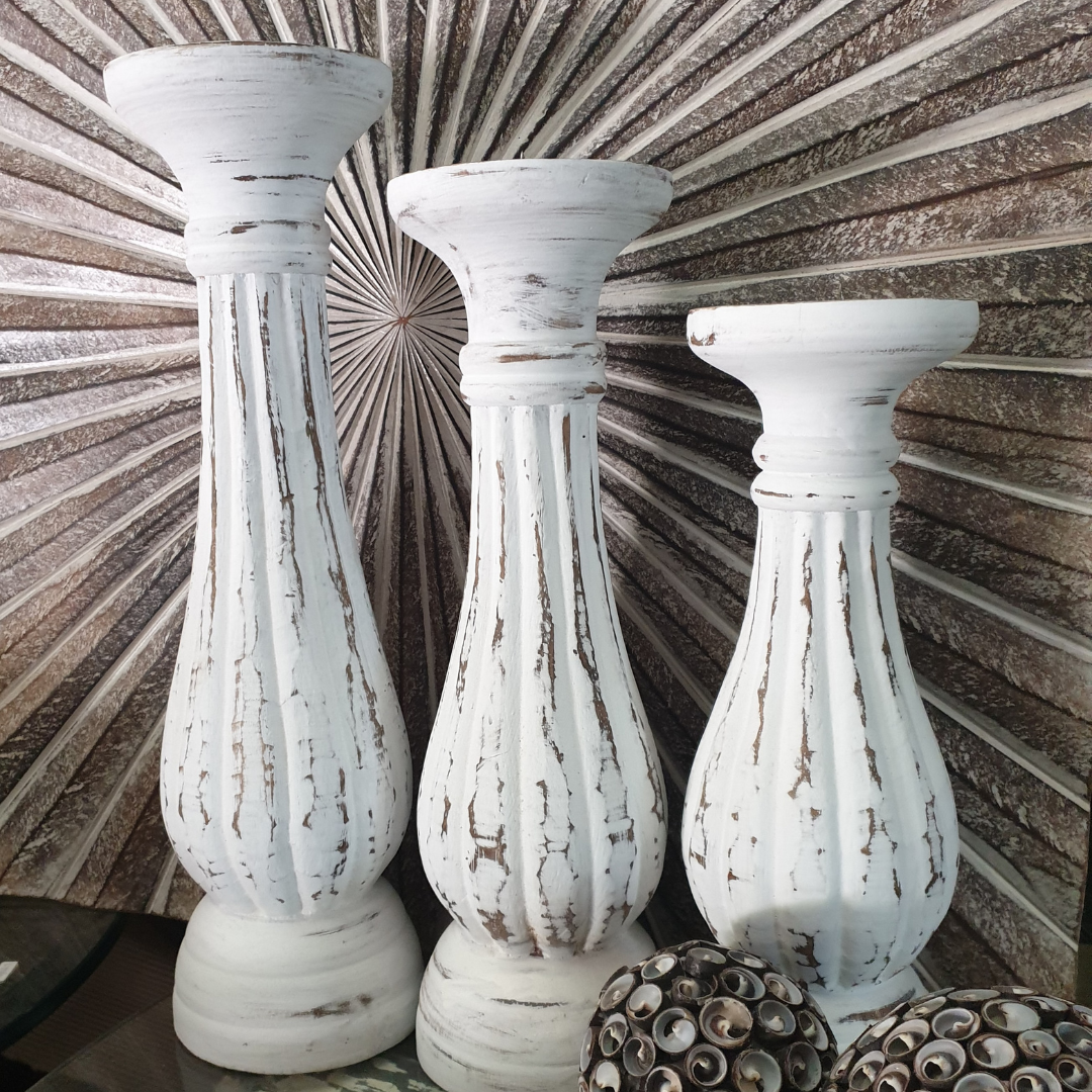 Slender White Wash Wooden Candle Holders