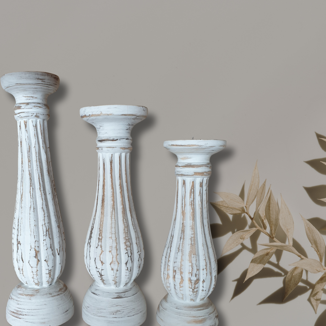 Slender White Wash Wooden Candle Holders