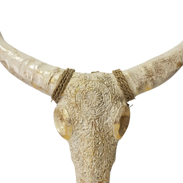 Resin Boho Cow-Bull Skull - White- Gold Wall Art