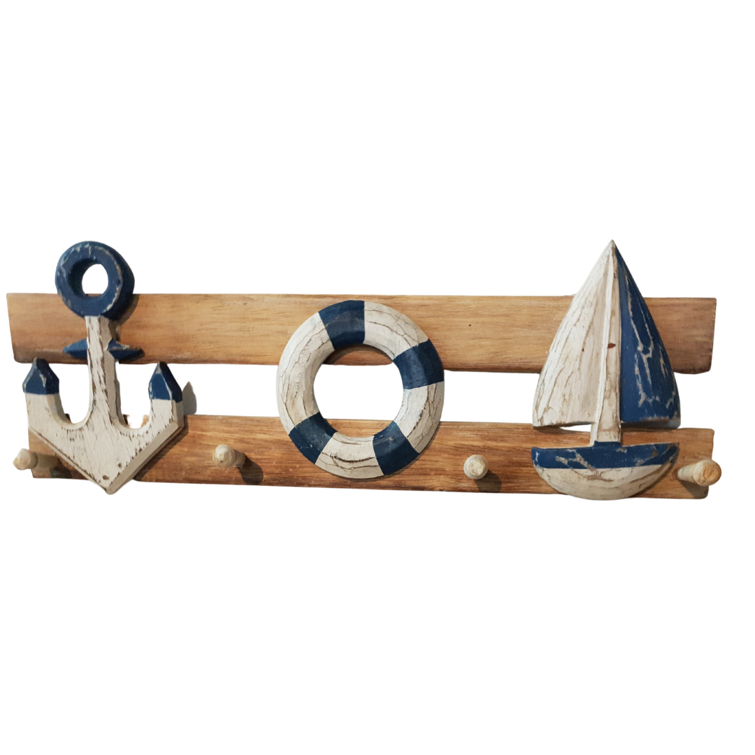 Nautical Sail Ship Anchor & Buoy Hanger: A Coastal-Themed Delight. Available in four colours. Made of wood using rustic tones. 