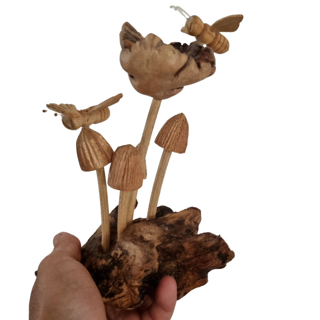 Bee Mushroom Wooden Carving 