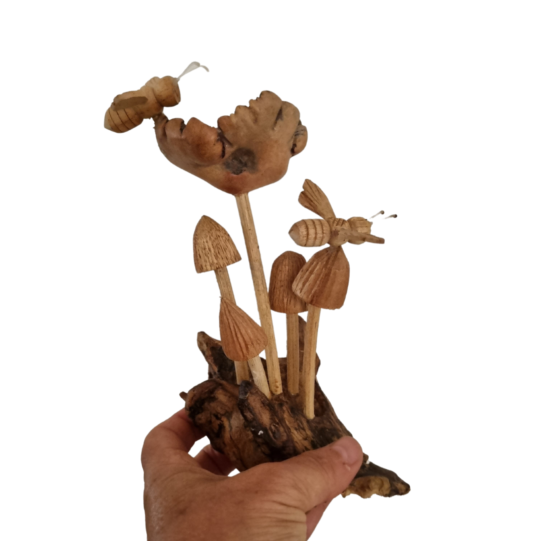 Bee Mushroom Wooden Carving 